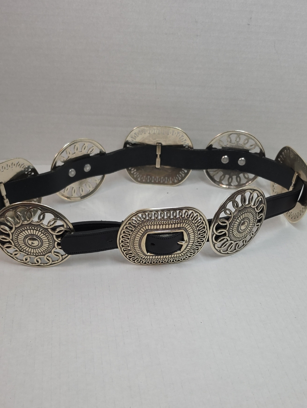 Lady Nadim Western-Inspired Black Leather Belt with Silver Conchos